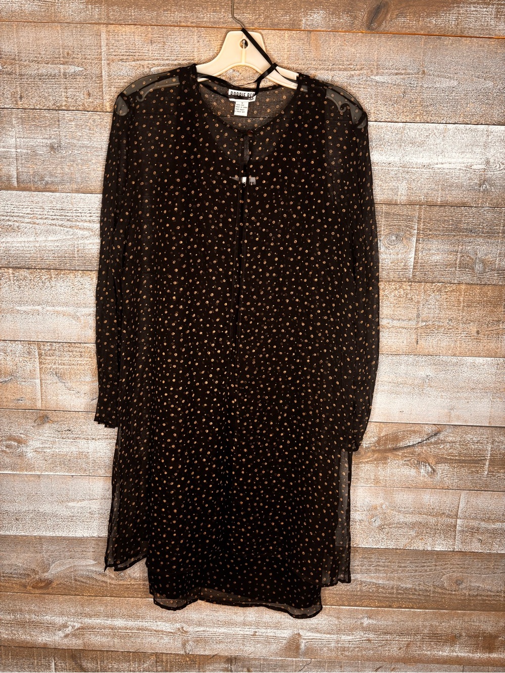 Robbie Bee 100% silk 2 piece vintage Black Sheer Midi Dress with Gold spiral